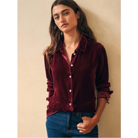 Faherty Genevieve Stretch Silk Velvet Maroon Shirt size S
